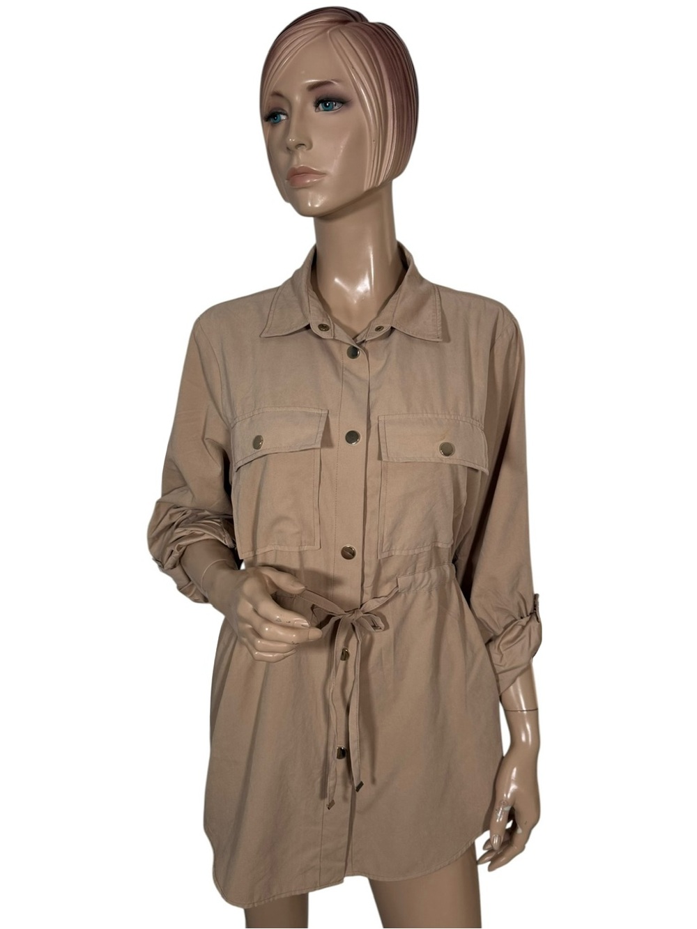 Love Tree Tan Utility Shirt Dress Drawstring Waist Large